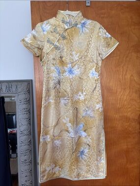 Gold Floral Satin Mini Cheongsam Dress